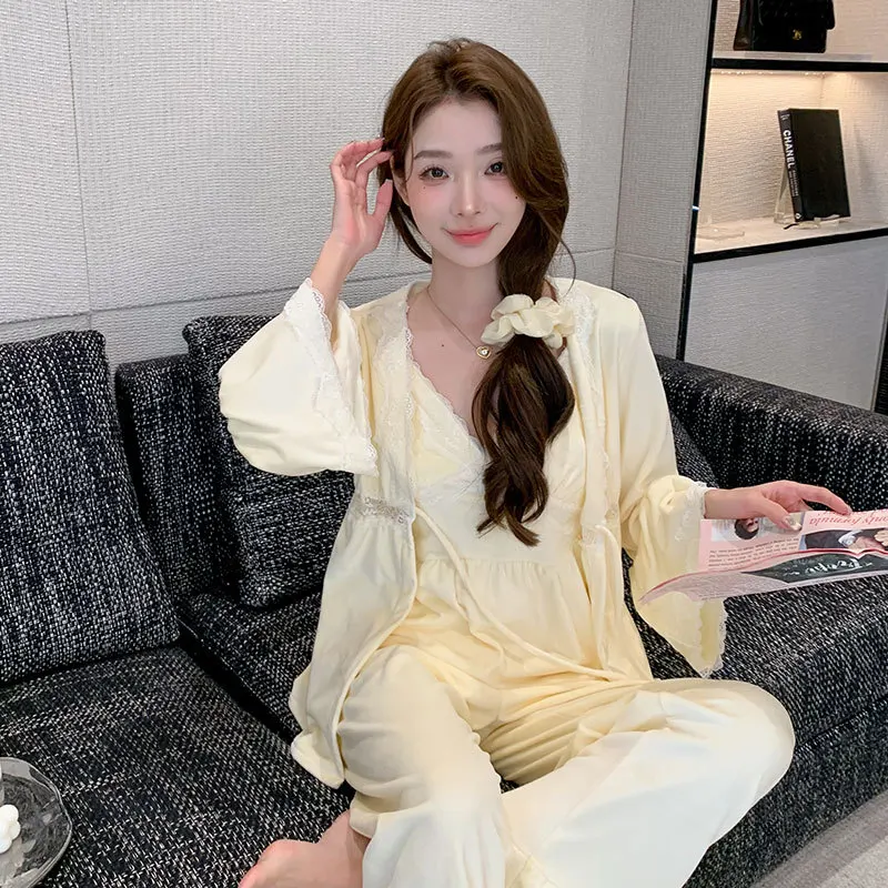 

Осенний остров, бархатный пижамный комплект из 3 предметов, женская одежда для сна, сексуальный кружевной лоскутный банный халат, пижамный костюм, повседневная велюровая домашняя одежда