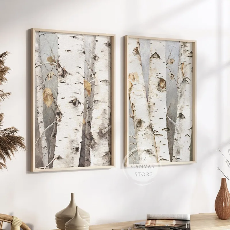 Watercolor White Birch Tree Poster and Print Woodland Forest Nature Canvas Painting Wall Art Picture for Living Room Home Decor