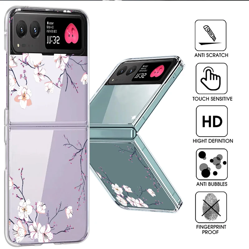 White Flowers Pattern Phone Case For Motorola Razr 60 50 40 Ultra Razr40 Razr50 Shockproof Bumper Folding Transparent Hard Cover