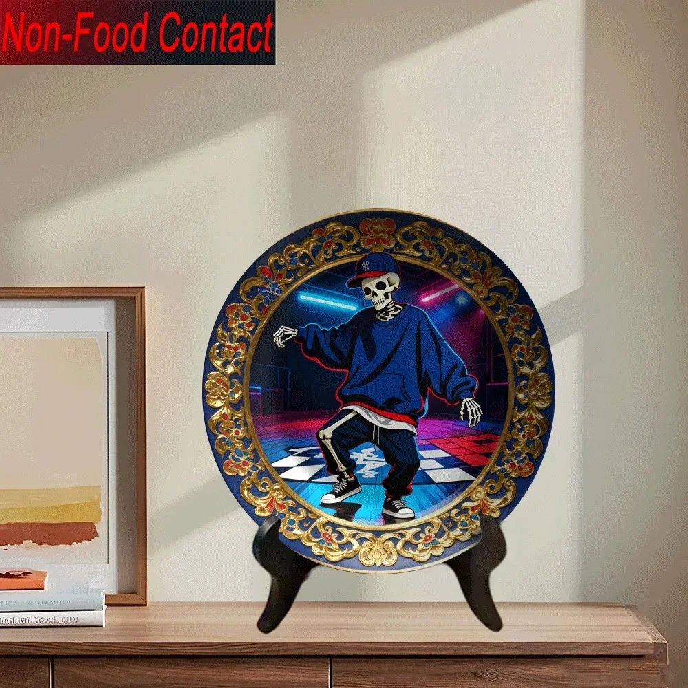 1pc 2D Hip-Hop Skeleton Dancing Ceramic Decorative Plate | Non- Contact, Round Glam Style Decor for Home Study, Living Room,