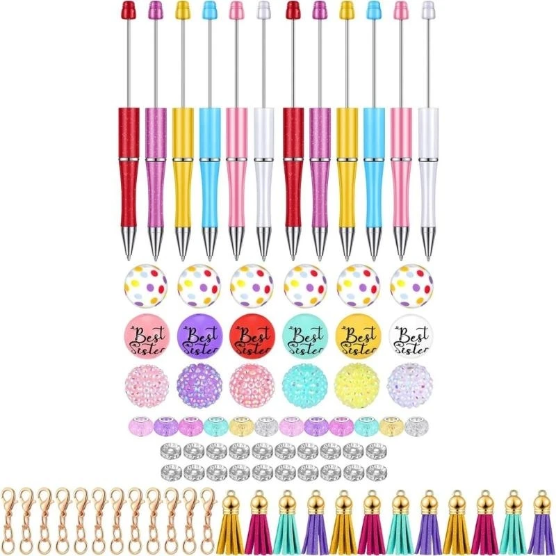 86Pcs DIY Ballpoint Pen Beadable Ballpoint Pen Set Including Beads, Hooks and Tassels, DIY School Stationery K92C