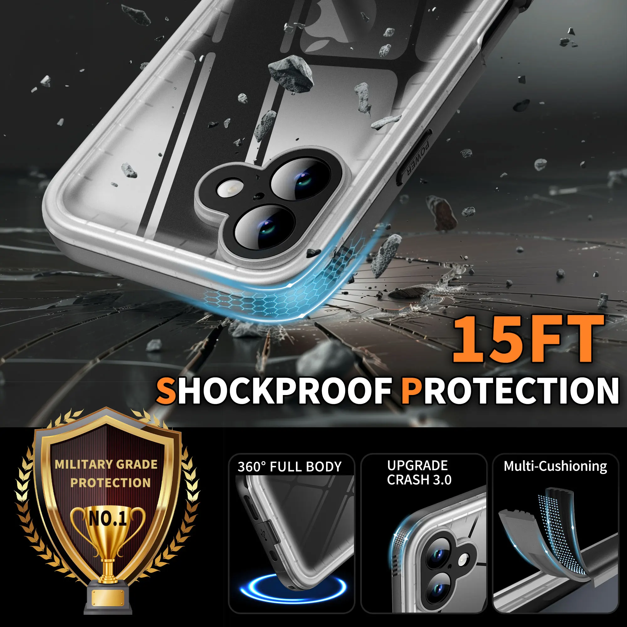 جراب مقاوم للماء لـ iPhone ، جراب شفاف ، واقي شاشة وكاميرا ، جراب مقاوم للماء لكامل الجسم لـ iPhone 16 و 15 و 14 و 13 Pro Max ، Plus