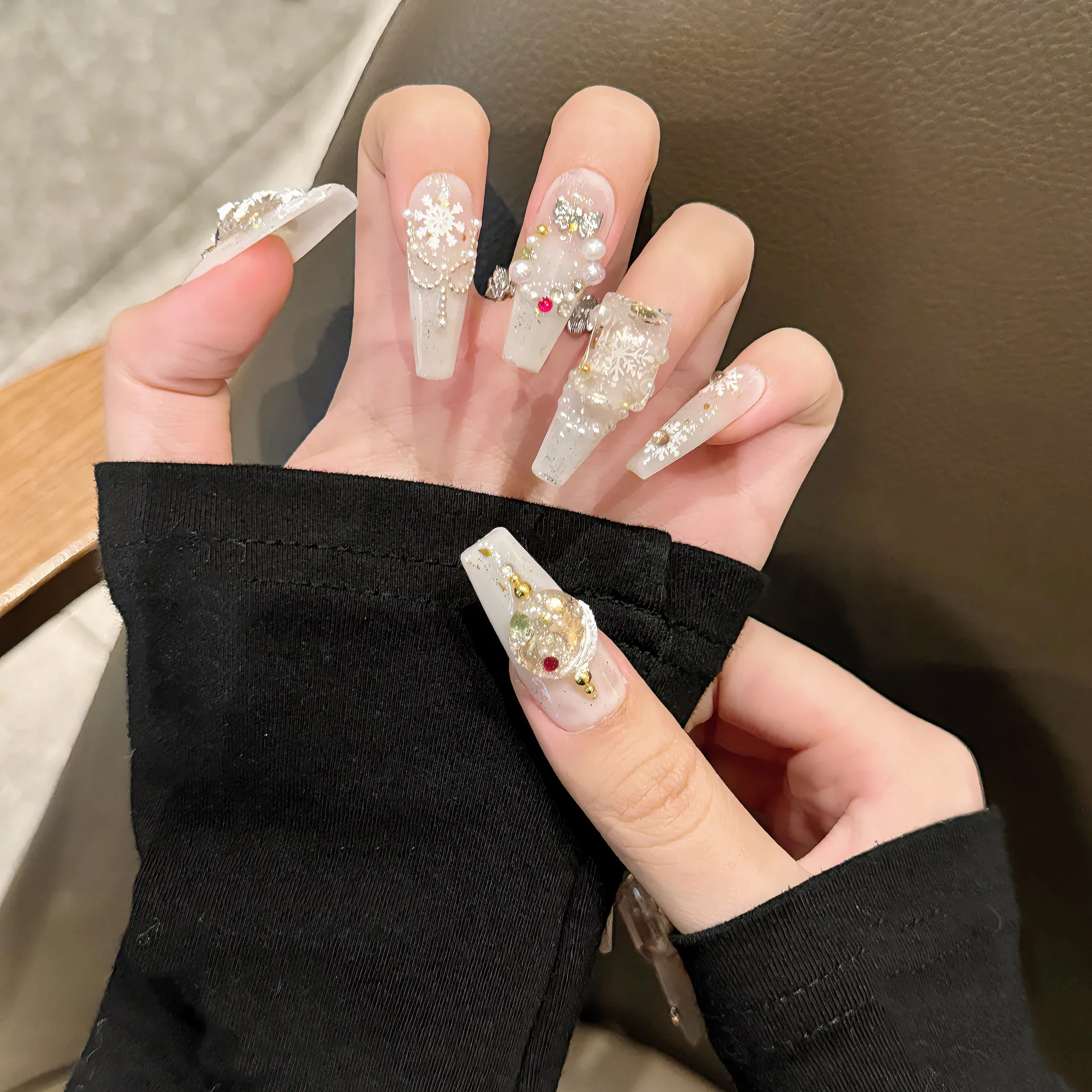 10Pcs White Coffin Handmade Press on Nails 3D Christmas Tree Fake Nails Wearable Stick-on Nails False Nail Uñas Накладные Ногти