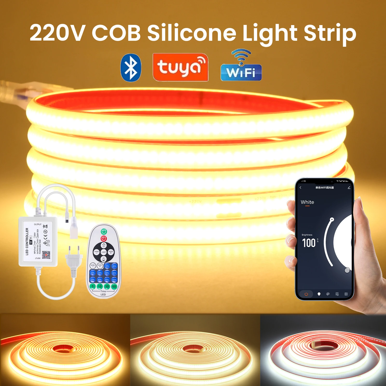 

Dimmable COB LED Strip Light 220V Tuya WiFi Bluetooth Flexible Tape Ribbon 288LEDs Density Linear IP67 Waterproof Rope Light