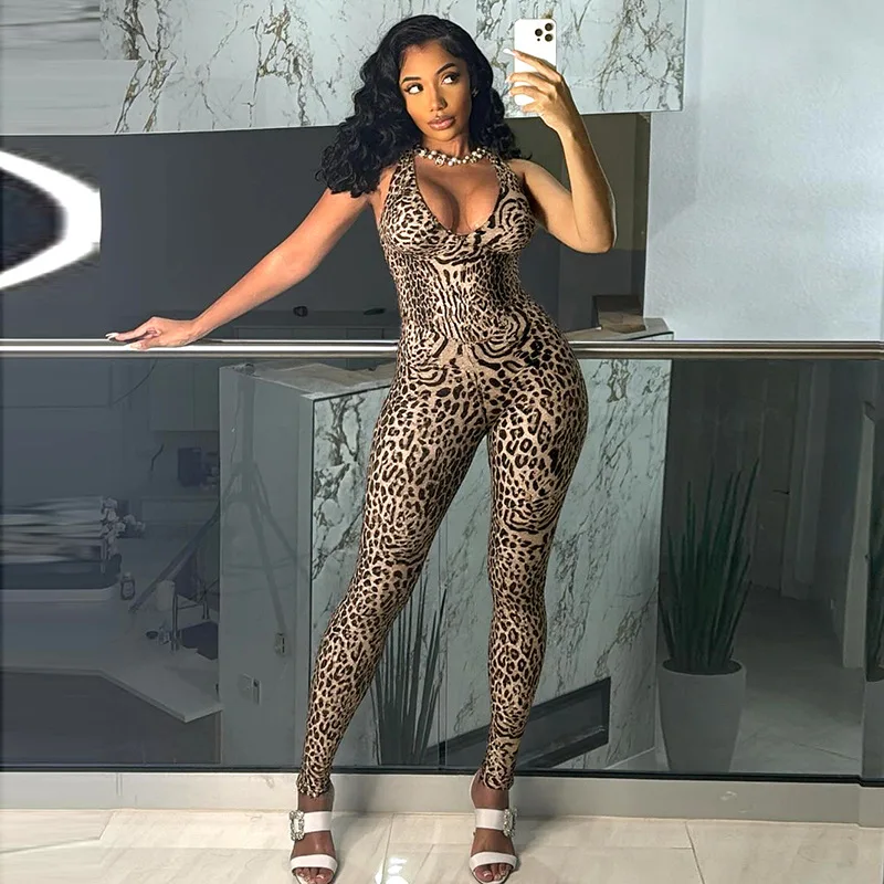 DSMTRC Women Coquette Summer Trend Playsuits Club Activity Sleeveless Fitness Stretch Workout Overalls Leopard Printed Jumpsuits