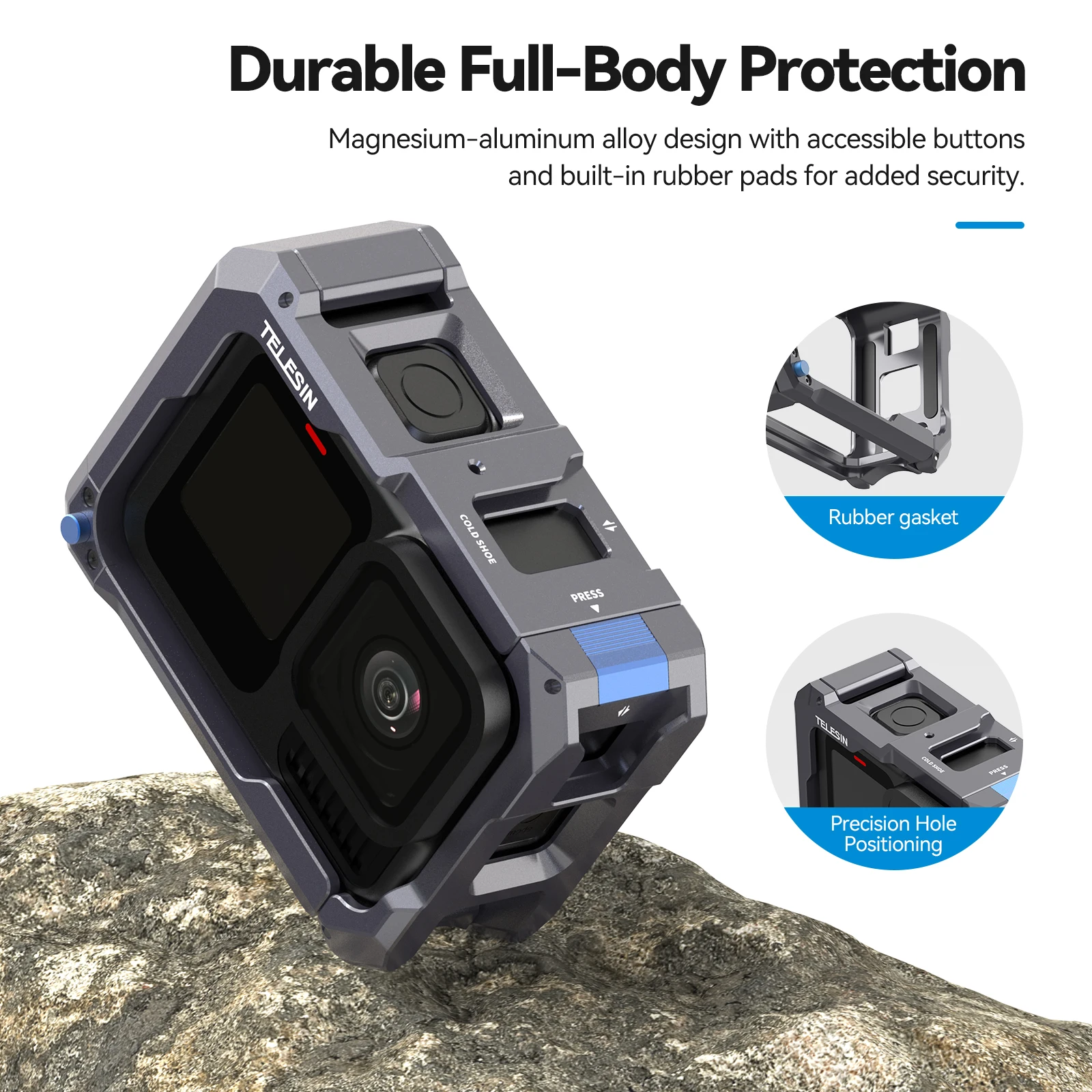 TELESIN Upgraded Metal Rabbit Cage Charging Protection Cold Shoe Adapter Aluminium Alloy Case For Gopro Hero 13 12 11 10 9