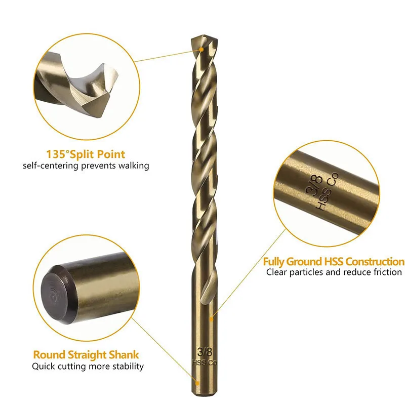 Cobalt Drill Bit Set 1/16"-3/8" 19Pcs, M35 High Speed Steel Bit for Hardened Metal, Stainless Steel, Cast Iron and Wood Plastics
