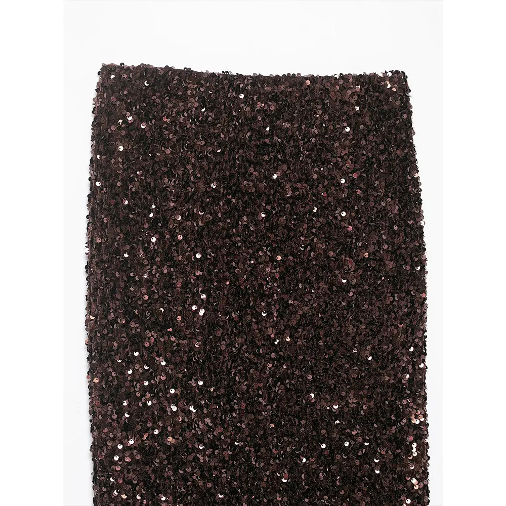 DUOPERI Falda recta con abertura en la espalda de café con lentejuelas para mujer Y2K cintura elástica faldas largas elegantes para mujer