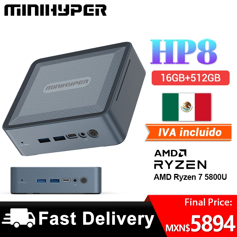 

MiniHyper HP8 Mini PC Windows 11 AMD Ryzen 7 5800U CPU 16GB DDR4 Storage SSD 512GB 4K HD output Portable PC Office Mini Host