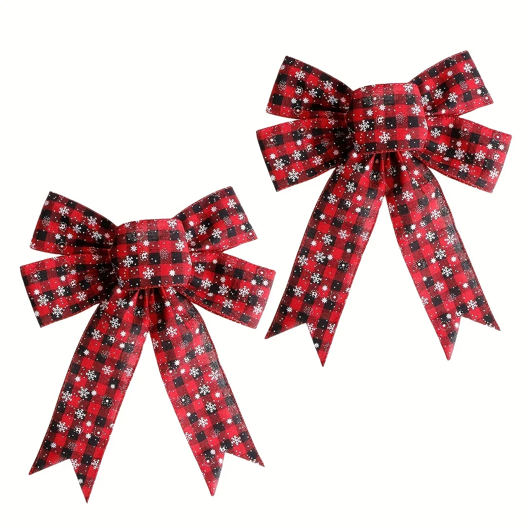 2pcs Christmas Lattice Bow Decoration with Plaid Pattern Snowflake Craft Making Party Ornament for Xmas