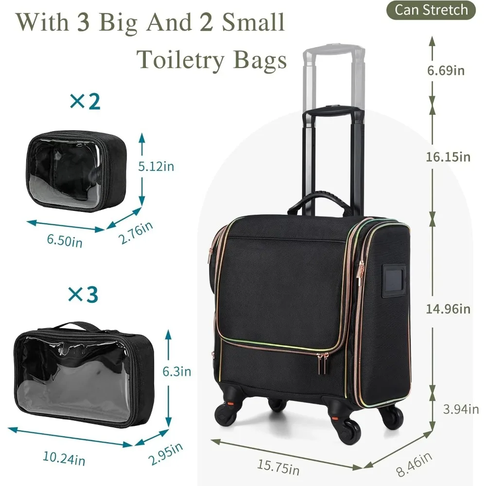 Professional Rolling Makeup Case with 5 Toiletry Bags, Travel Cosmetic Organizer for Artists and Stylists