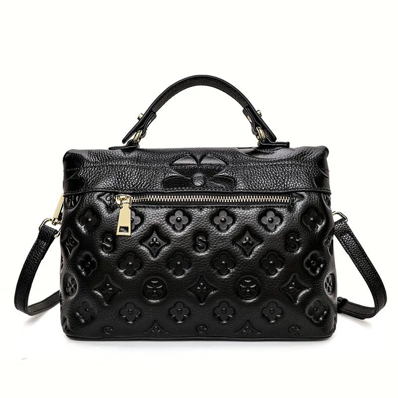 Aidrani The New WOMEN\'S One Shoulder Crossbody Bag Is Made of High-quality Cowhide and Printed with Black Flower Patterns