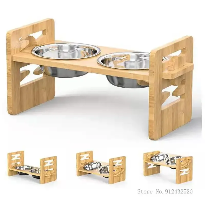 

Stainless Steel Double Bowl Rack, Water Basin, Rice Bowl, Wooden Stand, Foldable Cat Bowls, Dog Dining Table, Pet Supplies