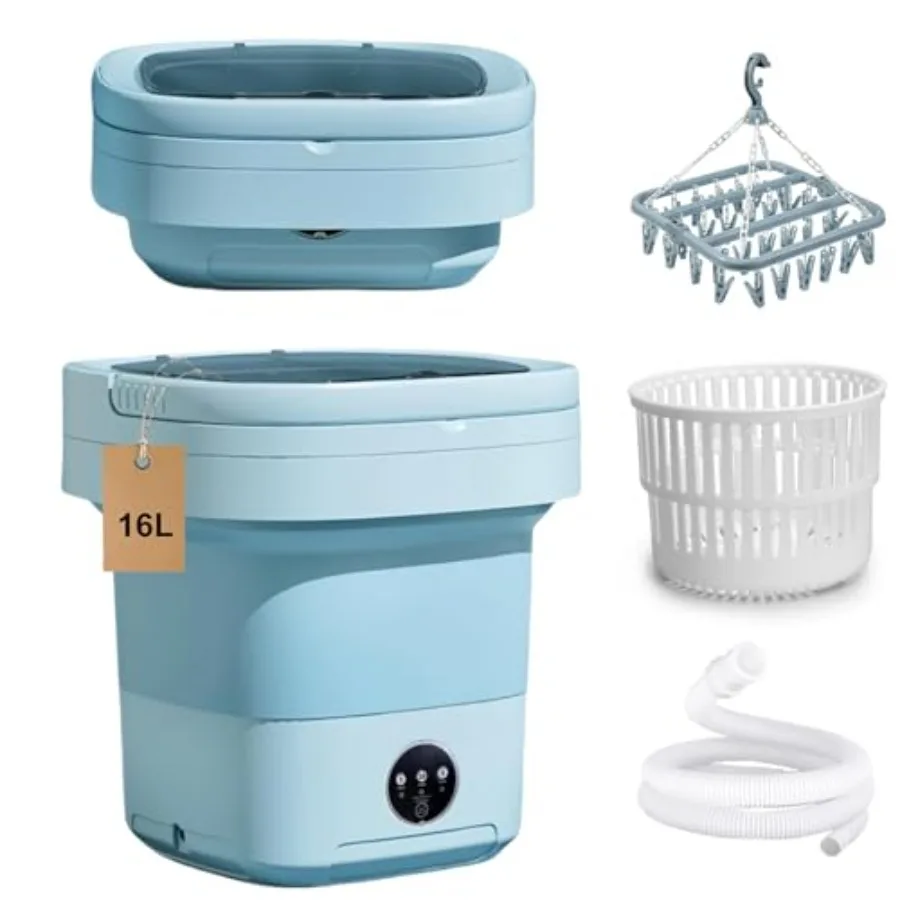 

Portable Washing Machine 16L Foldable Mini Washer with Drying RackSpin Basket Top Fill Port Water Inlet HoseandDrainage Pipe Co