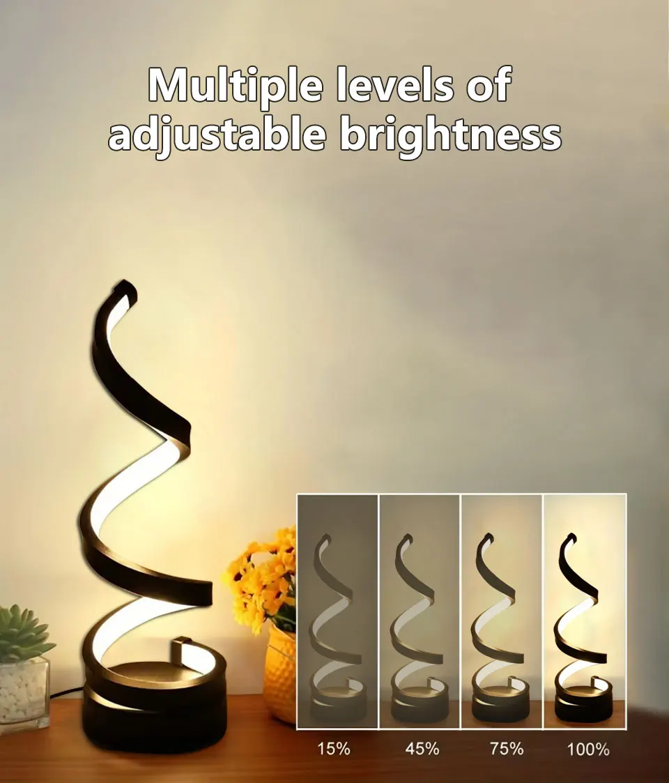 USB Plug in Creative Spiral LED Night Light Dimmable 3 Colors Adjustable for Living Room Office Desk Table Bedroom Bedside Decor
