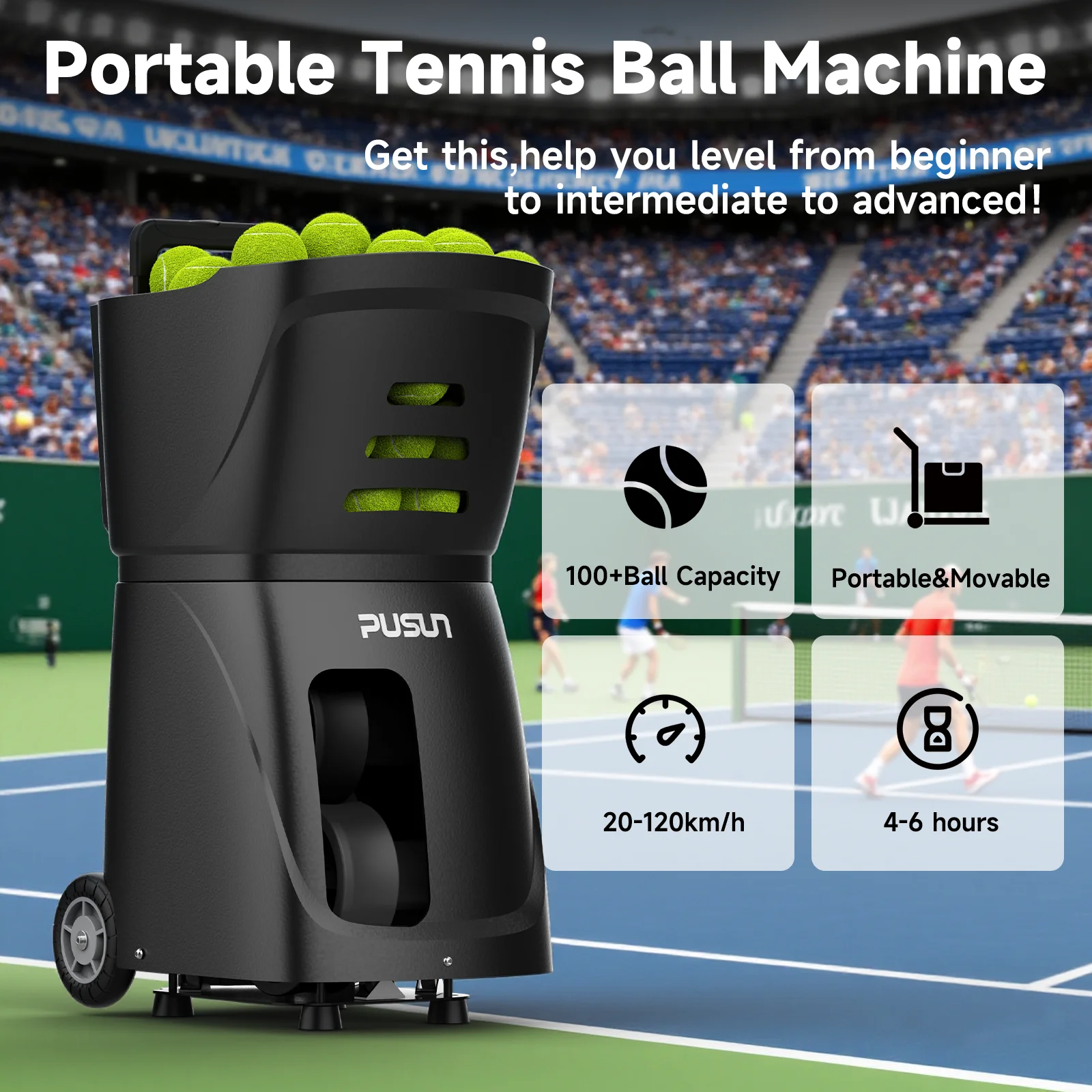 

Tennis Ball Machine, Pusun Professional Tennis Ball Equipment for Professional Tennis Training and Practice, Smart App Control