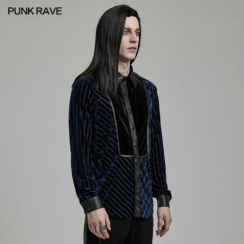 PUNK RAVE Men\'s Cool Handsome Solid Color Velvet Spliced Military Shirt Punk Fitted Tops Men Clothing