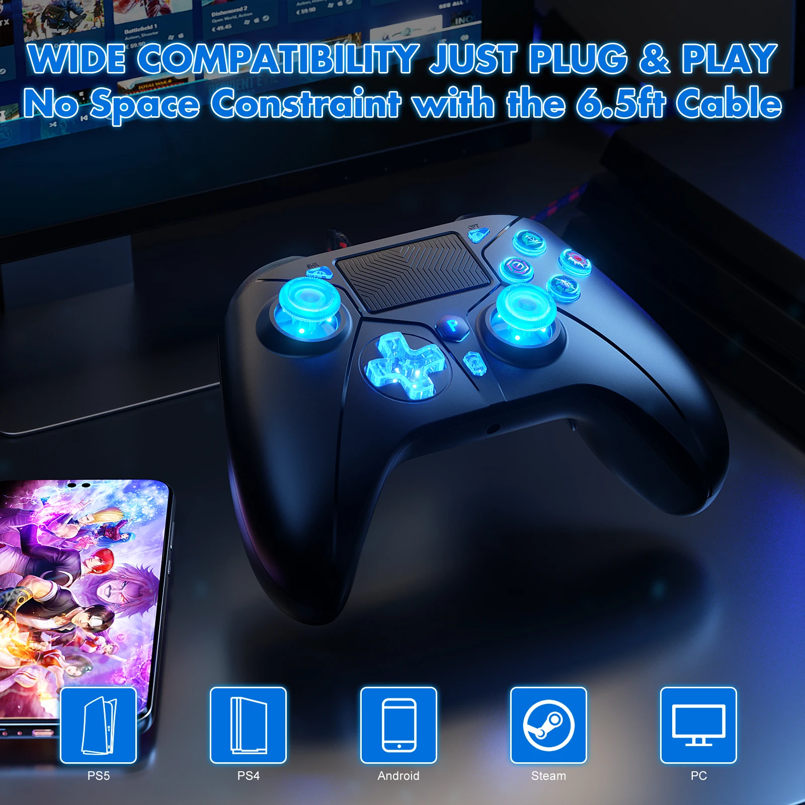 For PlayStation 5 PS5 PS4 Controller consolas , Compatible For PS5/PS4 /PC,gamepads 6-Axis Gyro Dual Vibrate Hall Effect RGB