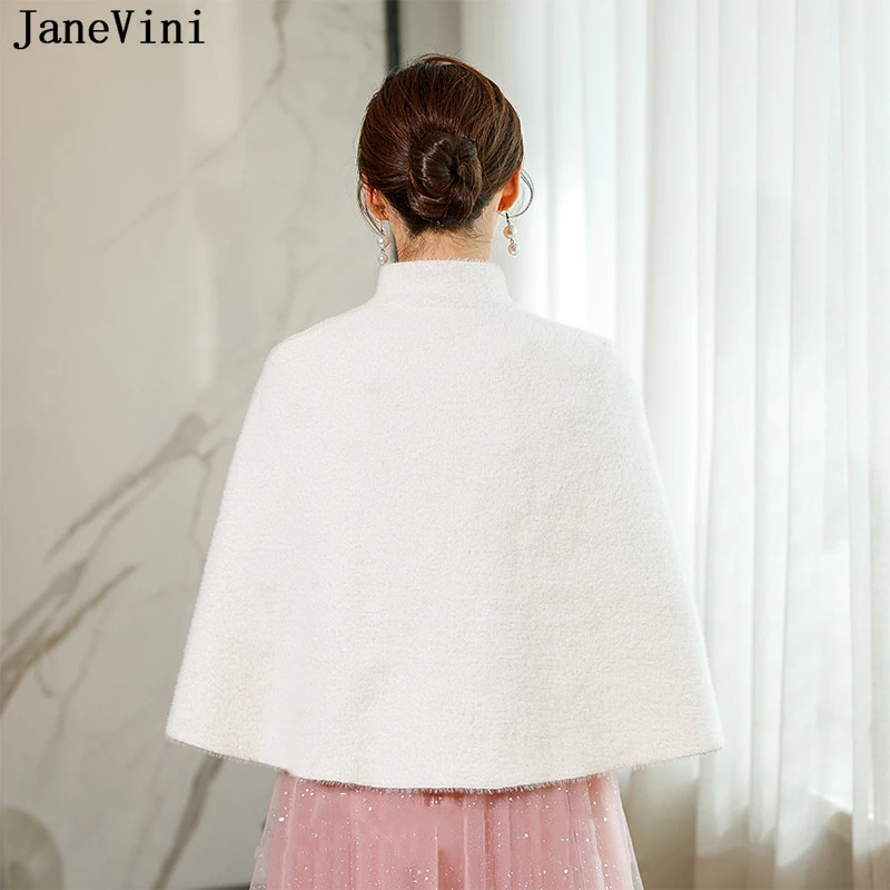 JaneVini Ivory Mink Fur Bride Jacket Shrug Appliqued Beaded Pin Winter Party Capes Faux Fur Shawl Wrap Bridal Shawls Stole Cloak