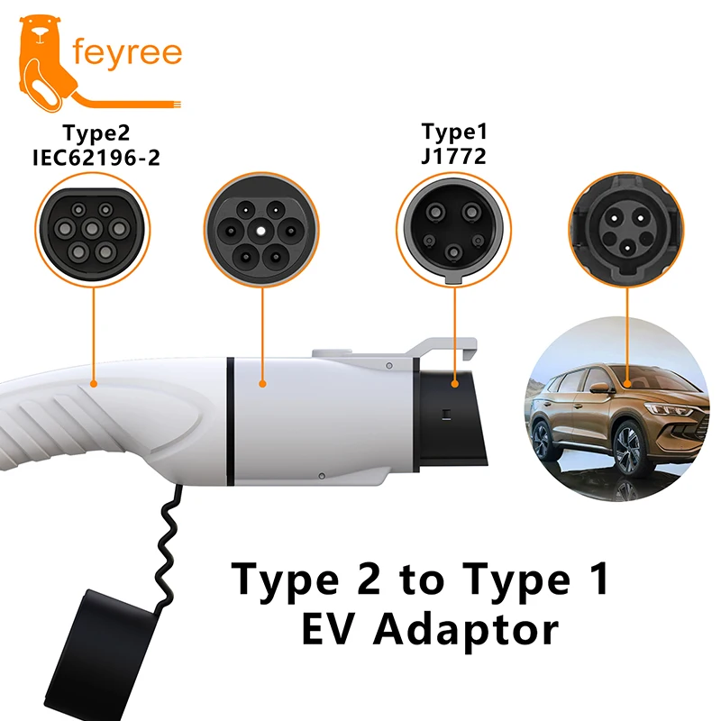 feyree EV Charger Adapter Type2 to Type1 Car Charging Socket AC Charger Adapter 32A 1Phase 3.5KW 7KW Max for Electric Car