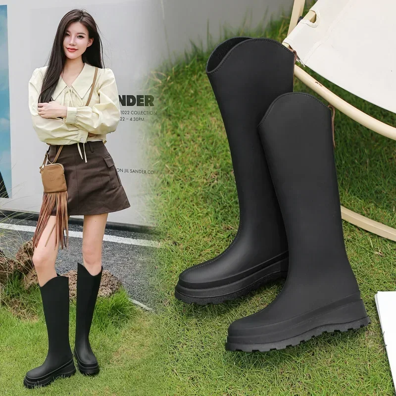 Fashion Women Rainboots PVC Waterproof Rubber Warm Fur Boots Non-slip Wear-resistant Knee-high Boots Zapatos Mujer 20024