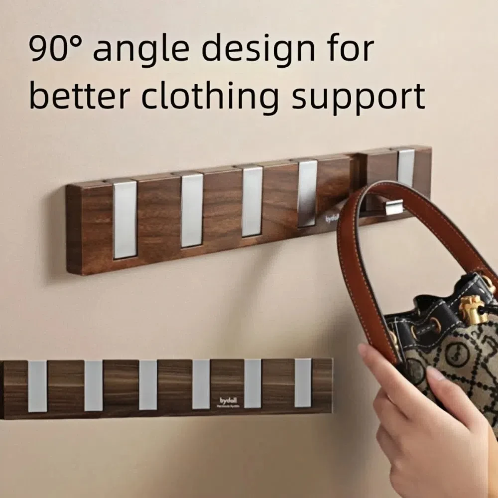 

New Wall Mounted Coat Hook Wooden 6 Hooks Retractable Hook Strong Bearing Capacity No Drilling Required Key Bag Hooks Home Use