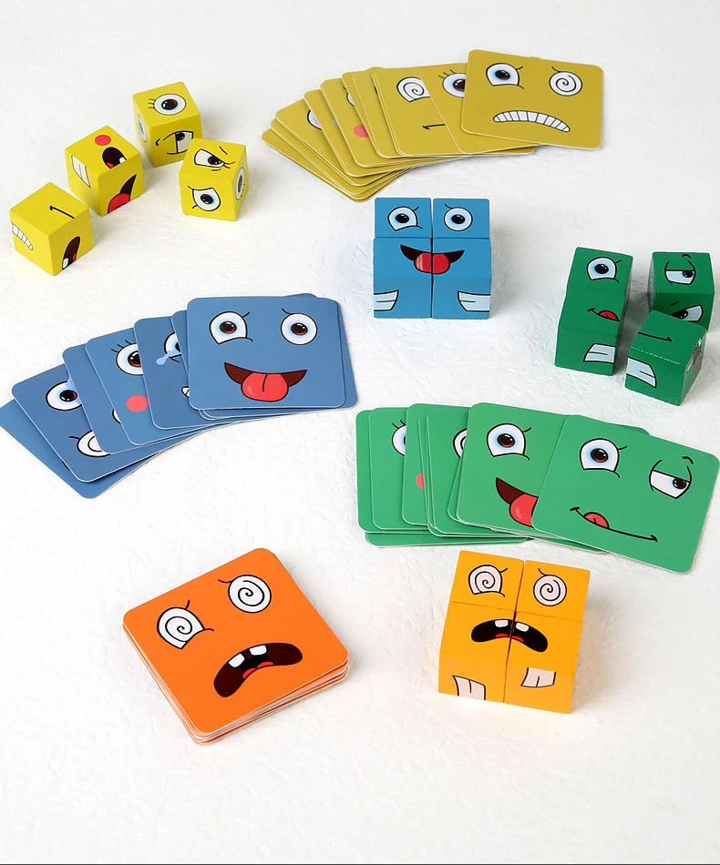 Wooden Face Changing Cube Toys Building Blocks for Cartoon Puzzle Montessori Jigsaw Educational Board Game Family Toys
