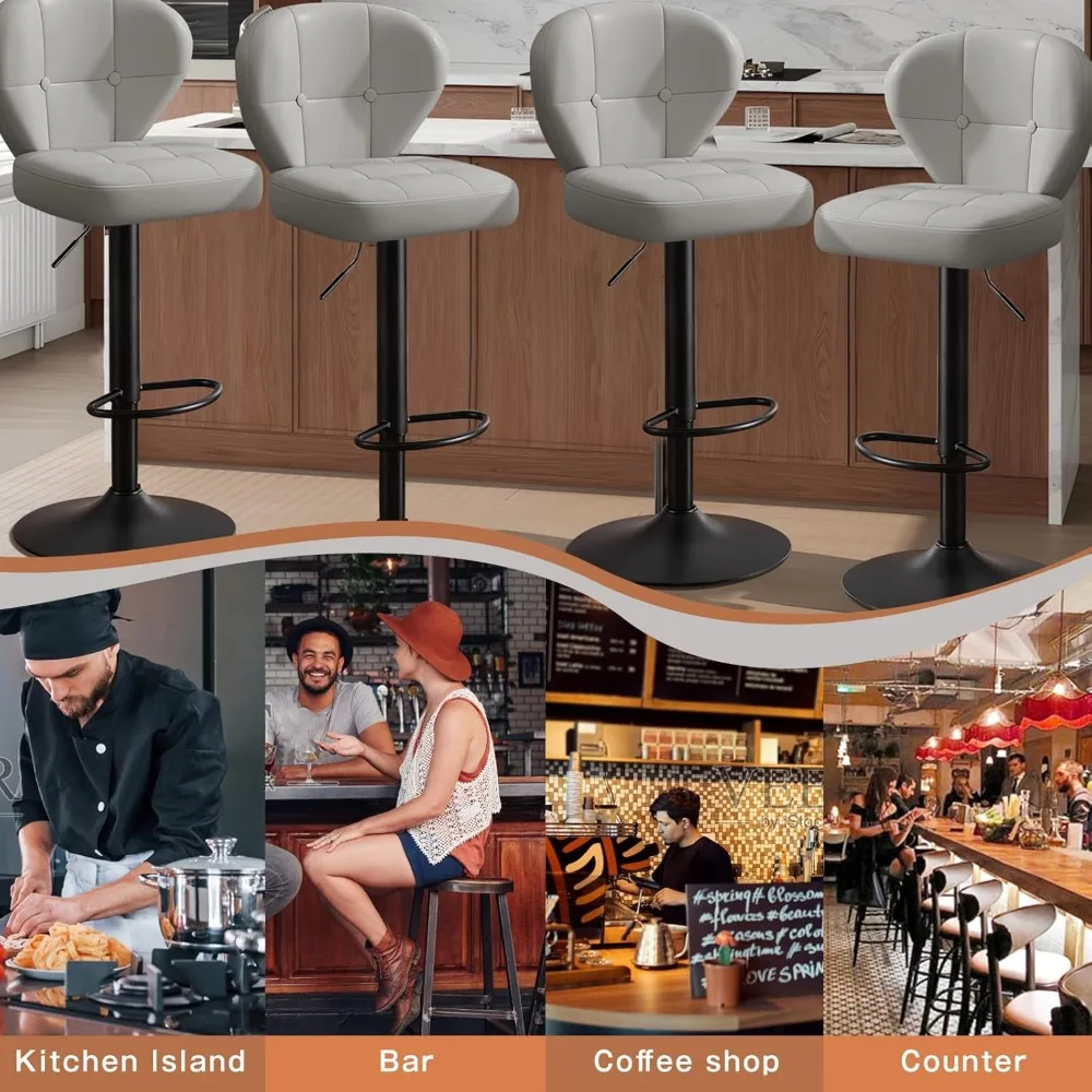 Bar Stools Set of 4, Adjustable Swivel Bar Chairs with 360° Rotation, Padded Counter Stools with Back and Footrest for Kitchen