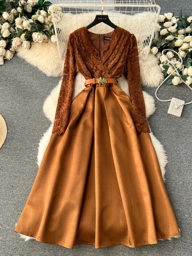 Women Vintage Party Dress Auutmn Winter Lace Wave V-neck Long Sleeved Fake Two-piece Spliced Long Dresses Ladies Elegant Robe