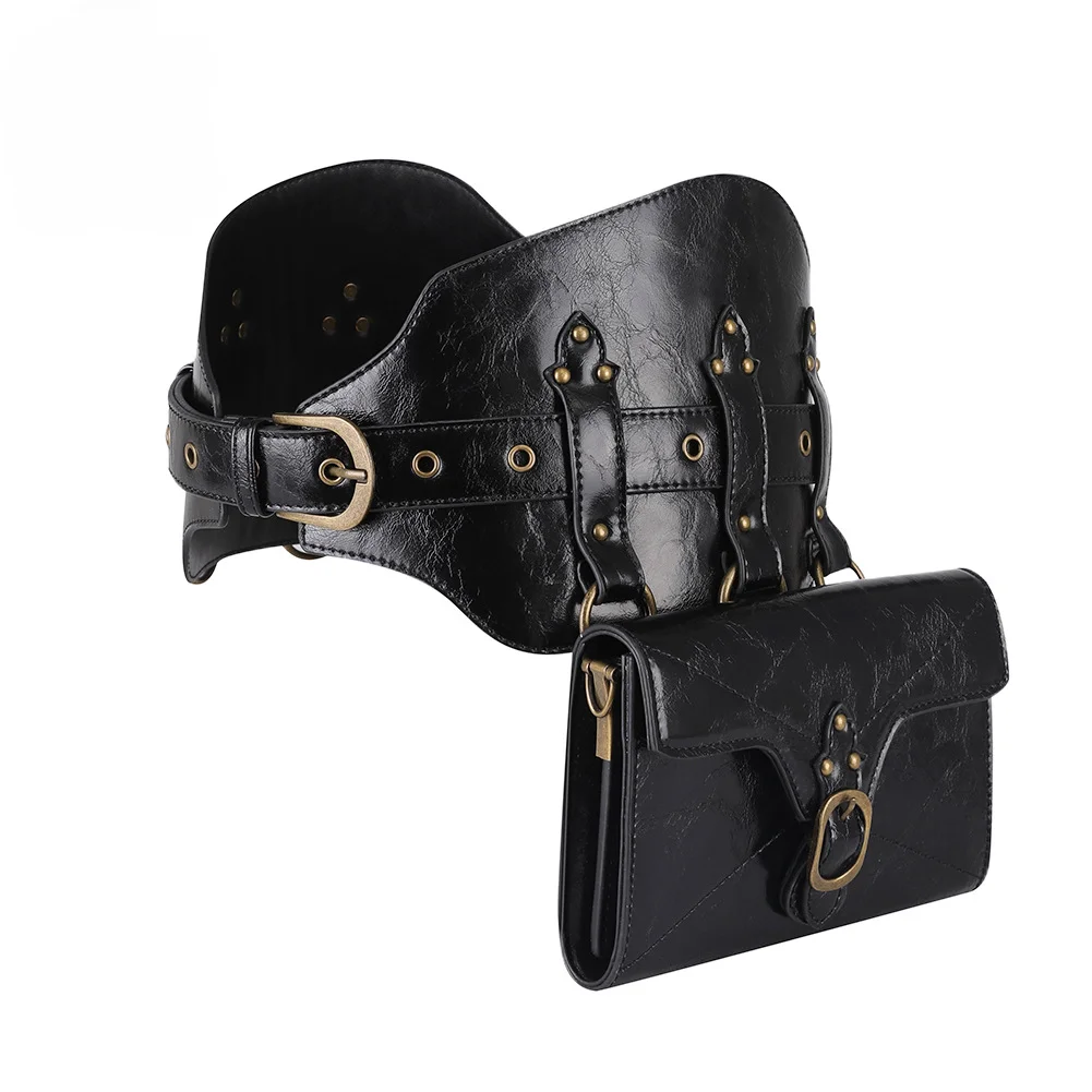 Cintura larga in PU medievale con borsa donna uomo cavaliere vichingo guerriero cintura Punk medievale pirata Larp tasca Costume Cosplay puntelli