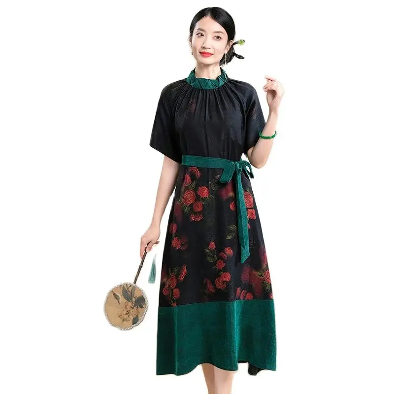 BirdTree 100%Mulberry Silk Retro Dresses, Women's XiangYunSha Short Sleeve, Elegant Lace-up Mom Dress, 2024 Summer New D44430QC