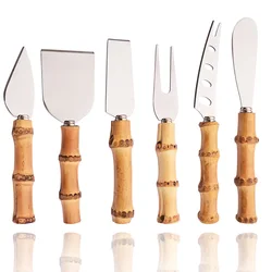 Cheese Knife 6Pcs Dinnerware Set Silver Natural Bamboo Handle Cheese Knife Stainless Steel Cheese Cutter Set Kitchen Accessories