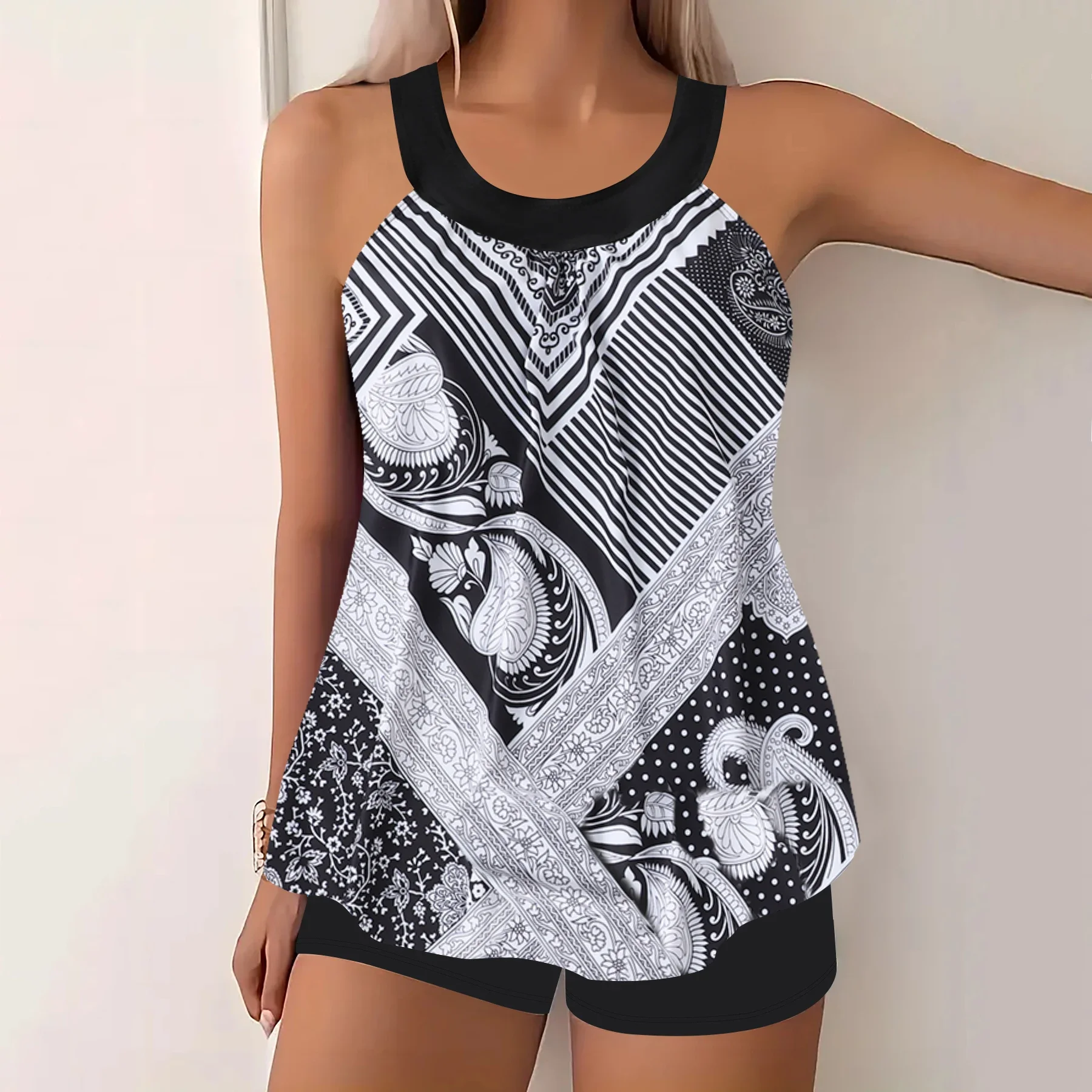 

Women's Tankini Swimsuit Set, Floral Print Backless Two-Piece Swimwear, Fashionable Beachwear with Tank Top & Shorts Sexy Bikini