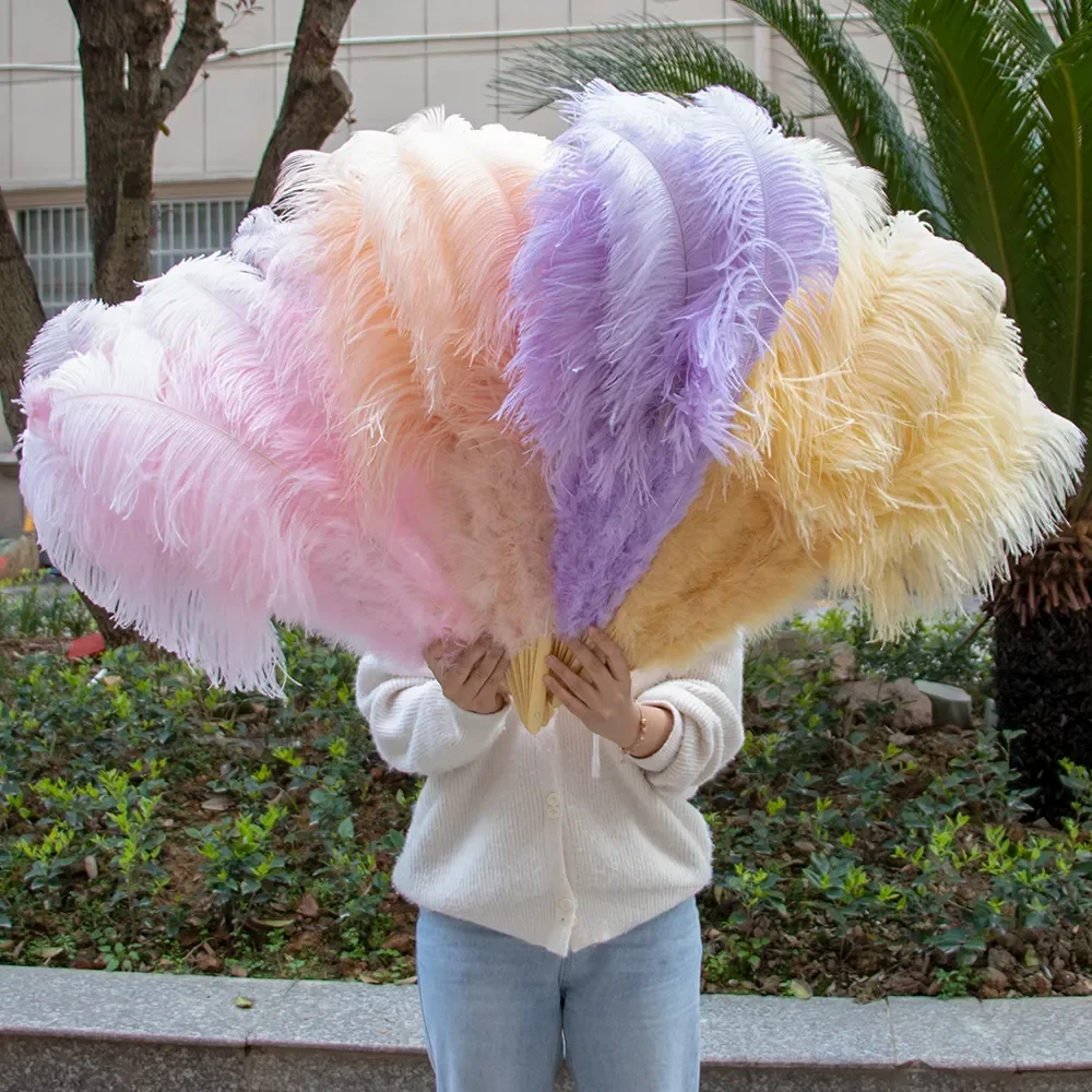 Colorful Real Ostrich Feathers Fan Hand Held Folding Plumes Fans Performance Dance Party Stage Carnival Show Props 130 CM 2PCS