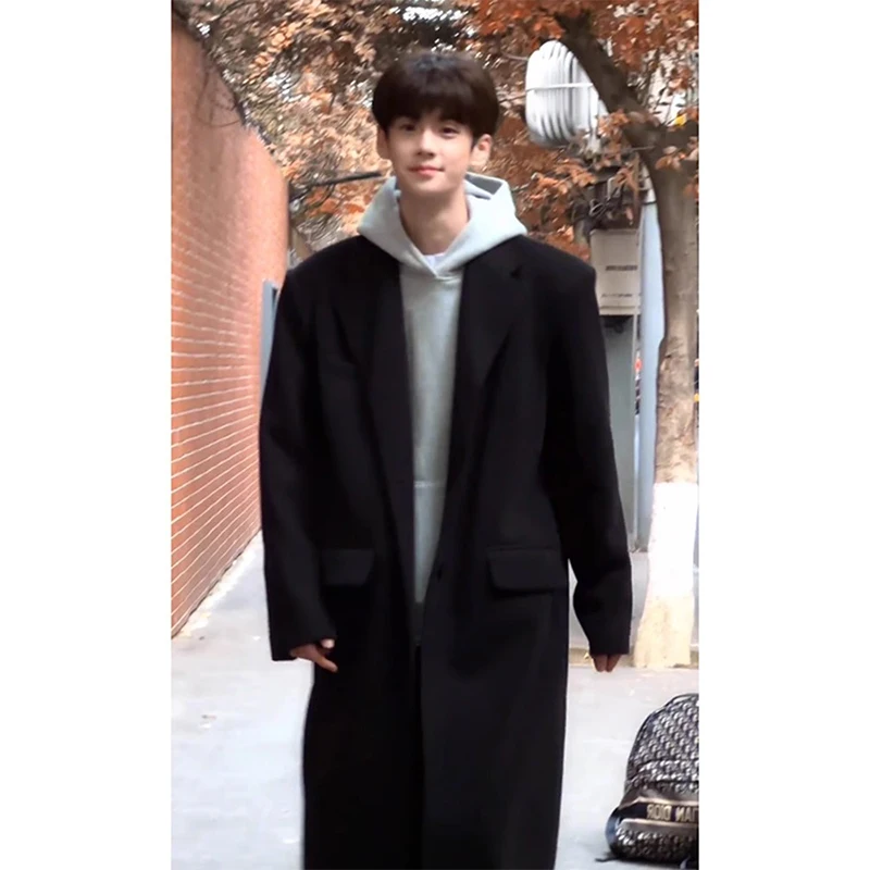 

Мужское шерстяное пальто Klosterman, черное, до колен, в корейском стиле, зимнее, модное, на хлопковой подкладке, свободного кроя, из полиэфирного волокна