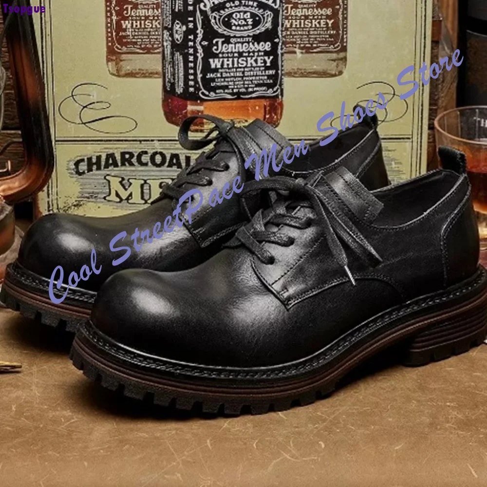 Streetwear Men Daily Outdoor Work Black Leather Shoes Round Toe Lace Up British Style Thick Sole Fashion Men Shoes Shallow New