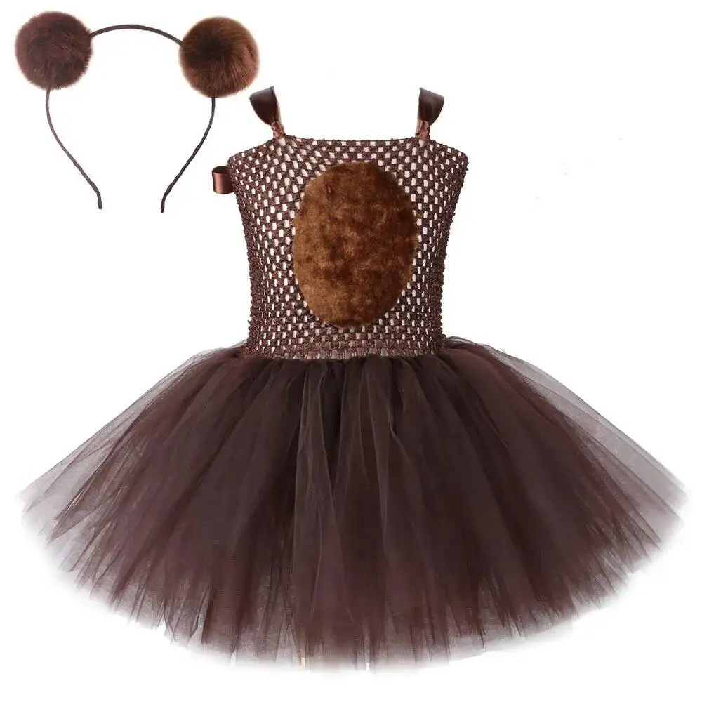 Brown Bear Tutu Dress for Baby Girls Animal Halloween Costume Kids Christmas Birthday Outfit Children Clothes with Ears Bow Tail