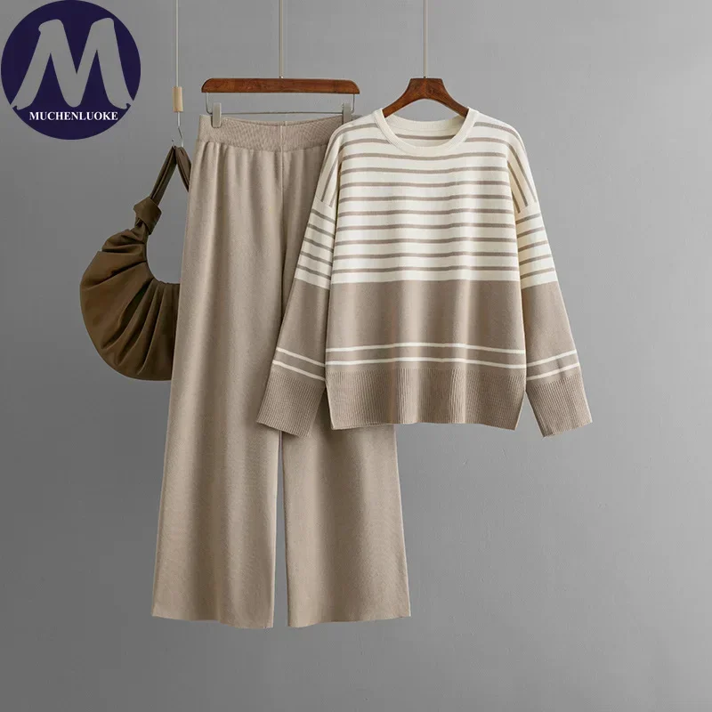 

Элегантные женские комплекты, осенне-зимний новый вязаный теплый свитер с длинными рукавами и круглым вырезом, модный повседневный свободный комплект из двух предметов