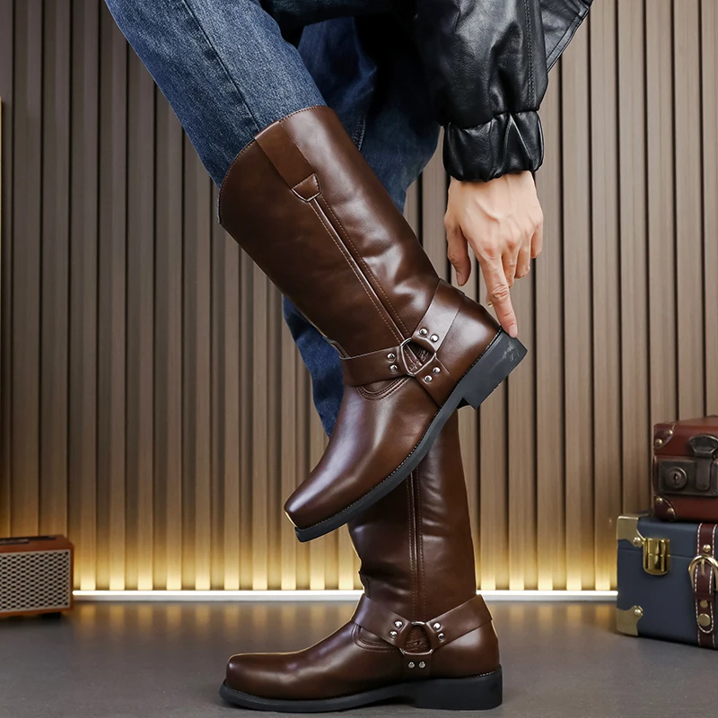 

Retro Cowboy Mid Calf Western Pu Leather Man Slip on Shoes Summer Knight Booties Plus Size 38-46 Zapatos Hombre Chelsea Men