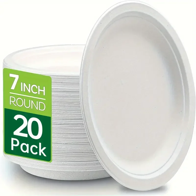 

50/20pcs Disposable Circular Dining Plate 100% Biodegradable Heavy-Duty Natural Sugarcane Bag-Like Fibers Tableware Compostable