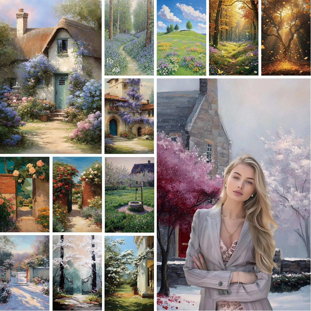 

MOON.QG Poetic Paintings Backdrop Flower Cottages Fields Backgrounds Photocall Wedding Shooting Props Photobooth Photography
