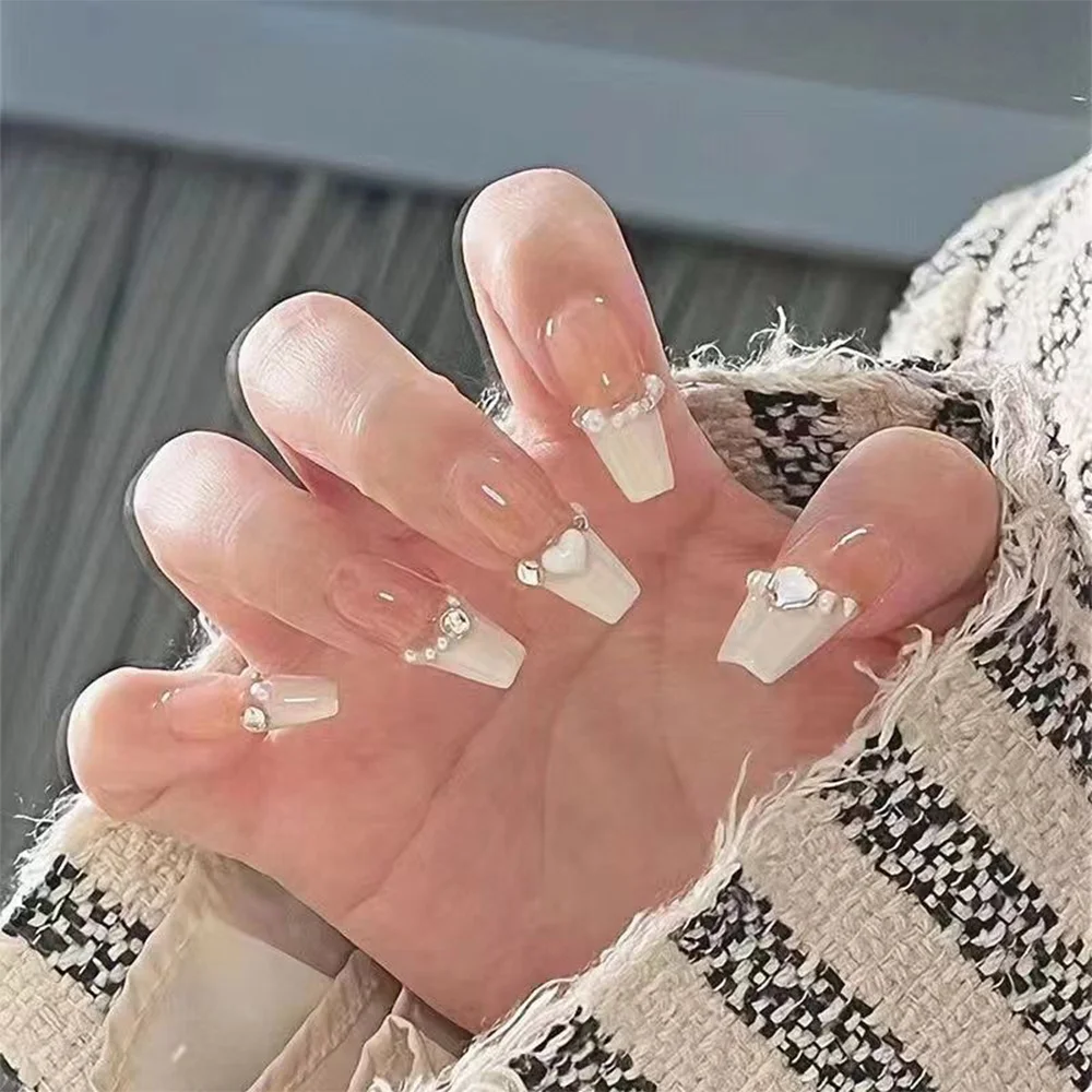 

（Handmade Manicures)10PCS Mid-length Trapezoidal TikTok INS Popular Love Puff Detachable Phototherapy Wearing Fake Nail Stickers