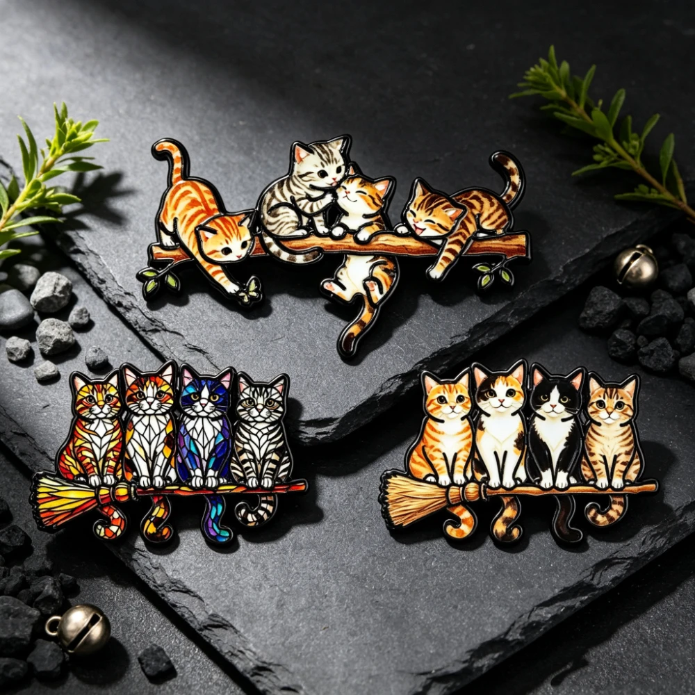 3pcs/set Stained Glass Window Enamel Pins Black Cat Metal Brooch Backpack Collar Lapel Badges Fashion Jewelry Collection Gift
