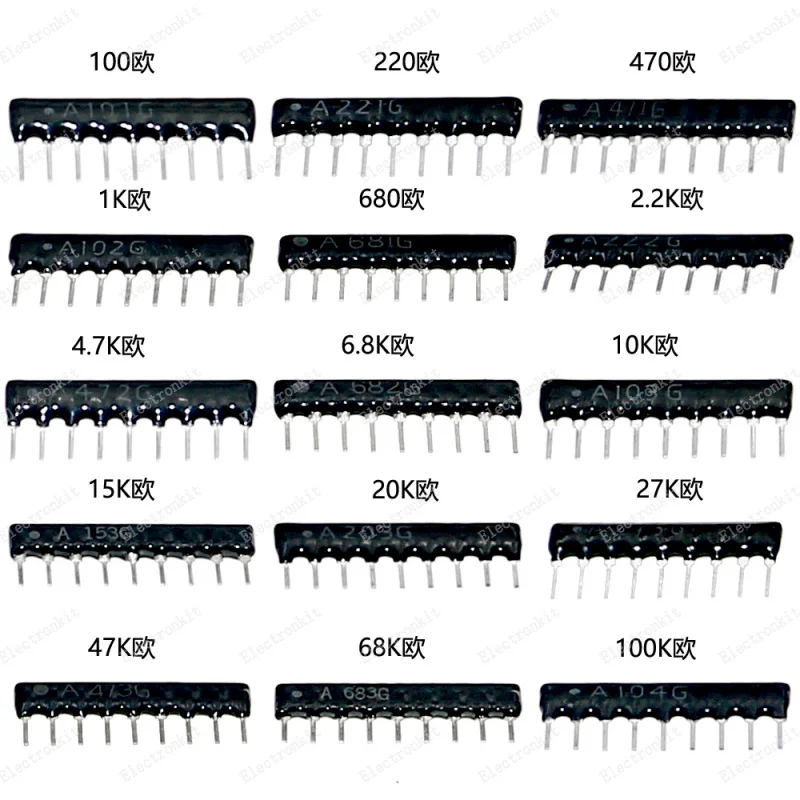 

75pcs 15Value 2.54mm Resistor Assorted Kit 1 x 9pin A09-101 221 471 681 102 222 472 682 103 153 203 273 473 683 104