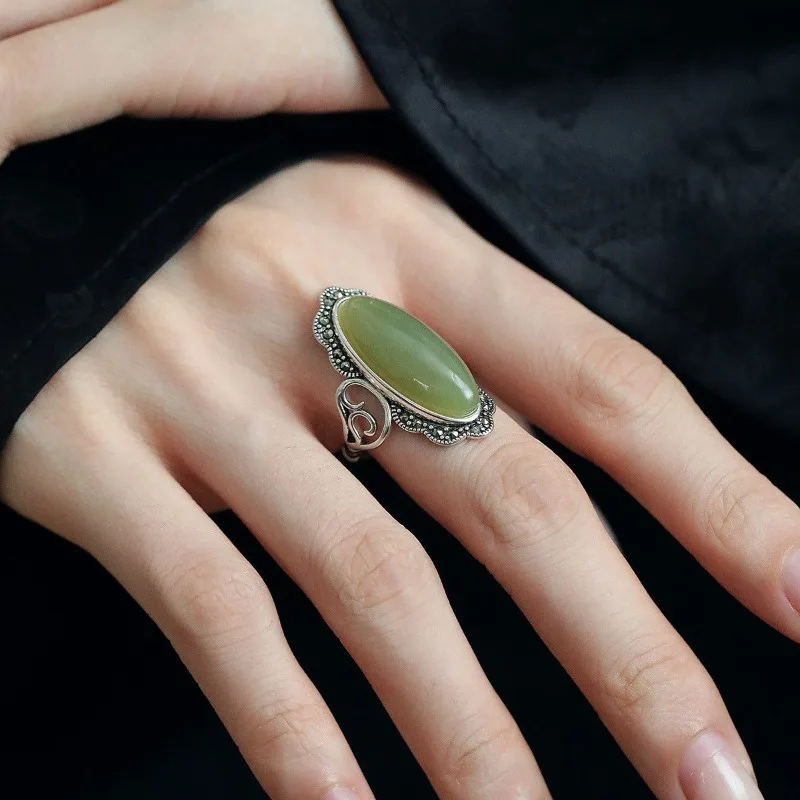 Women Oval Hetian Jade Lace Ring, Light Luxury Unique‑Design Versatile Statement Finger Jewelry for Daily Wear