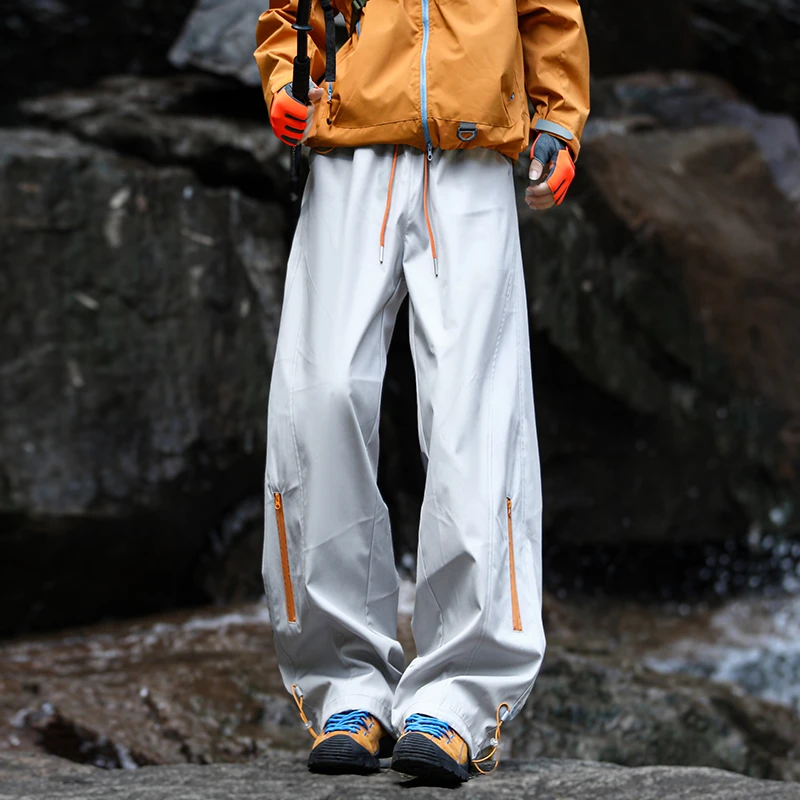 Outdoor Men's Hiking Pants Light Grey Contrast Zipper Wide Leg Baggy Fit Breathable Casual Premium Trousers