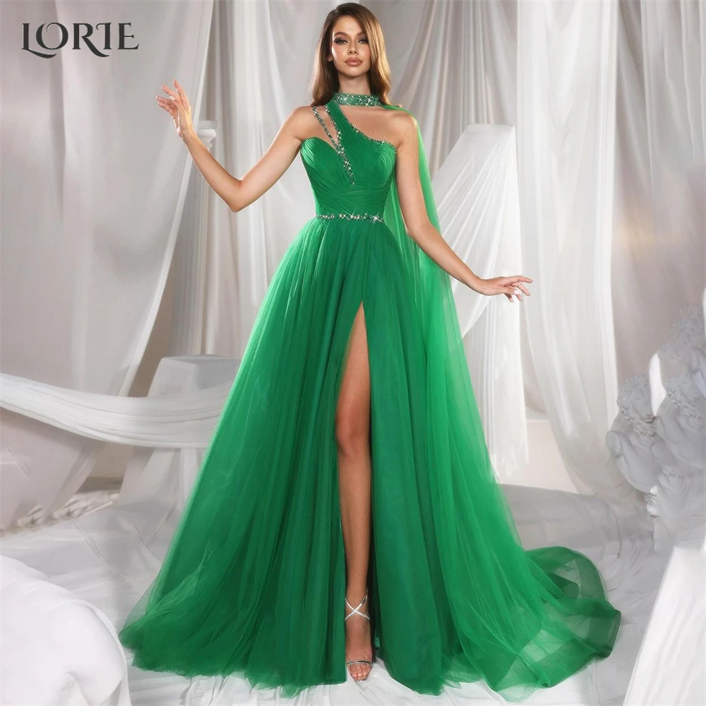 

LORIE Forest Green Glitter Formal Prom Dresses Halter Sparkly A-Line High Side Slit Evening Dress Sleeveless Pageant Party Gowns