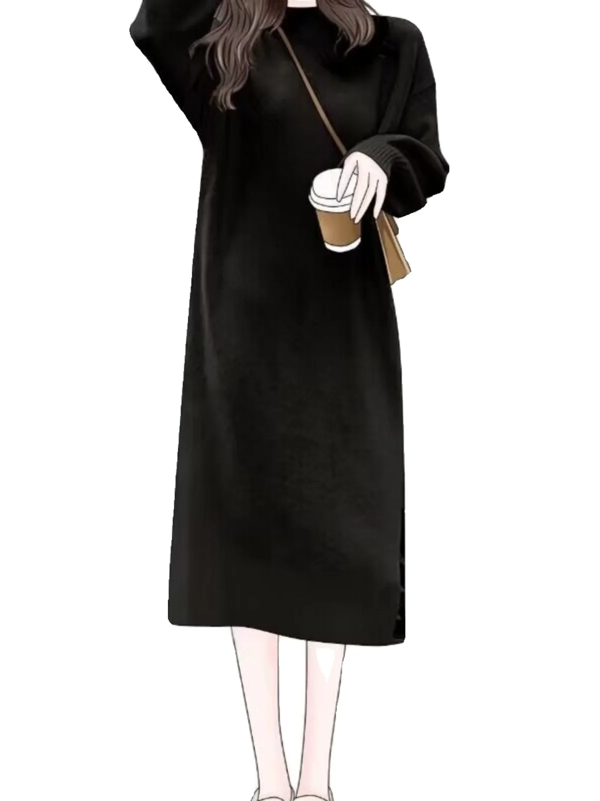 Black plus Size Velvet Dress Women's Half High Collar Long Sleeve Slim Fit Base Layer Dress Autumn Winter New Style Casual Co...