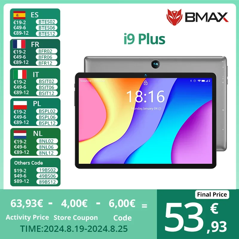 BMAX MaxPad I9 Plus Android 14 GPU G522EE 12(4+8)GB RAM 64GB ROM 10.1 Inch Rockchip RK3562 Quad Core Type-c Port Tablets PC