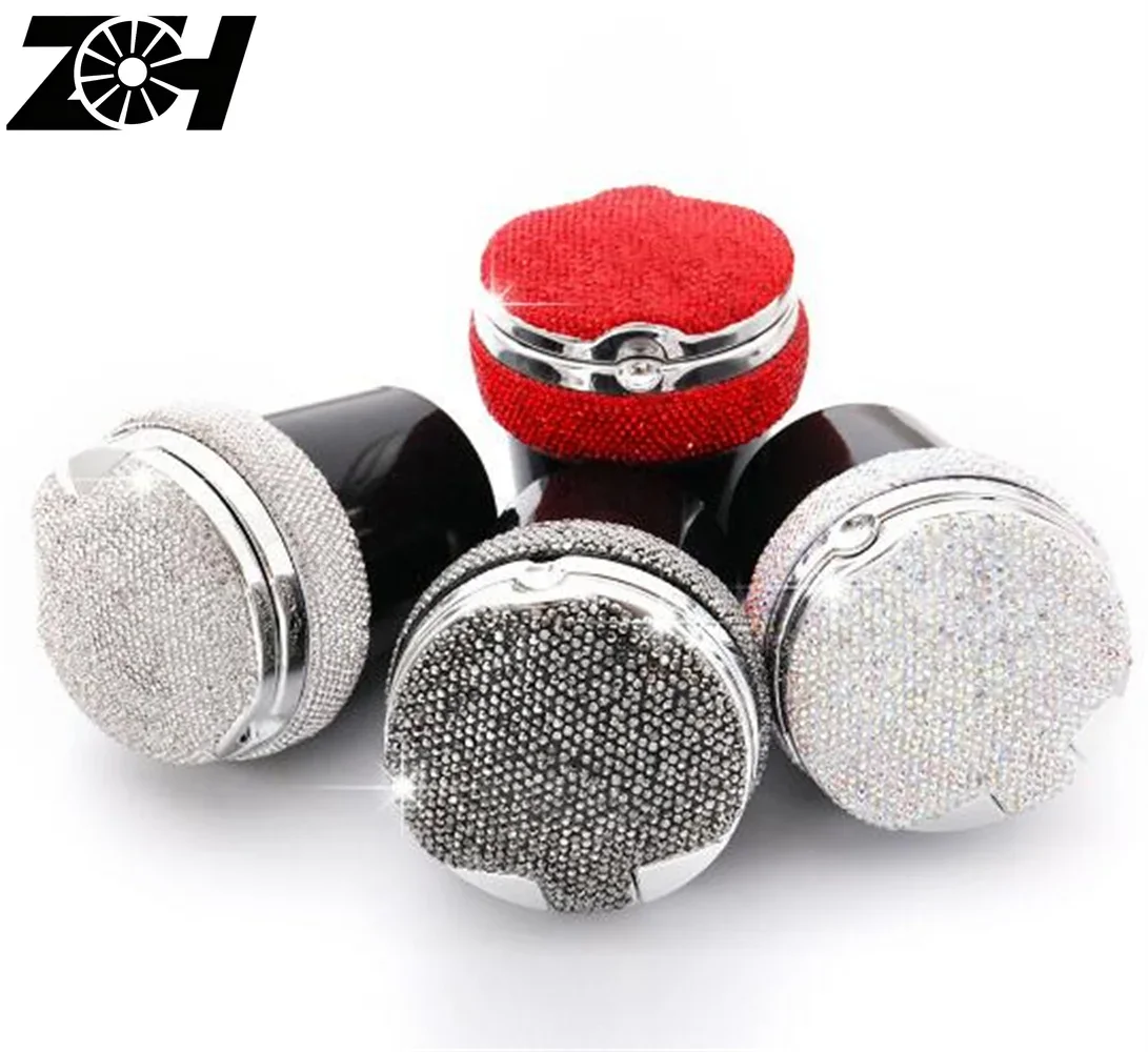 Rhinestones Portable Car Ashtray With Light Crystal Diamond Led Car Ash Tray Ashtray Storage Cup Holder Black For Girls Woman
